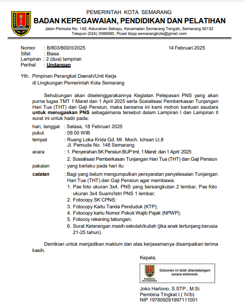 Undangan Pelepasan PNS yang akan purna tugas TMT 1 Maret dan 1 April 2025 serta Sosialisasi Pemberkasan Tunjangan Hari Tua (THT) dan Gaji Pensiun